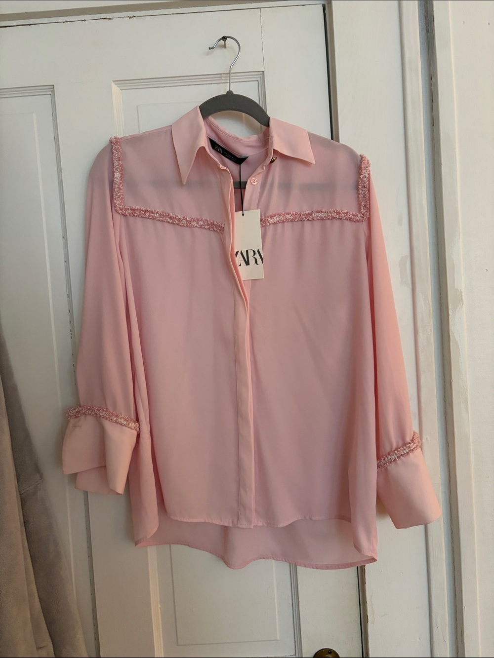 ZARA Pale Pink Sheer Collared Button Blouse